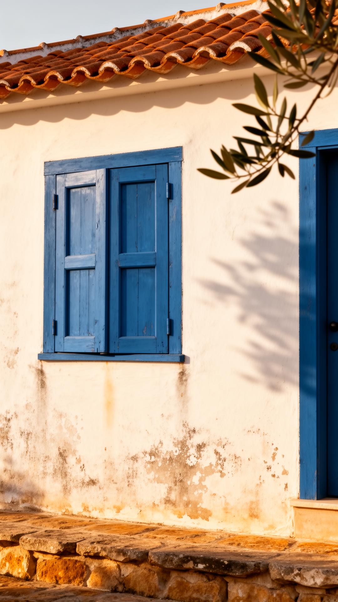 Architectural detail of a minimalist stone villa with linen curtains
