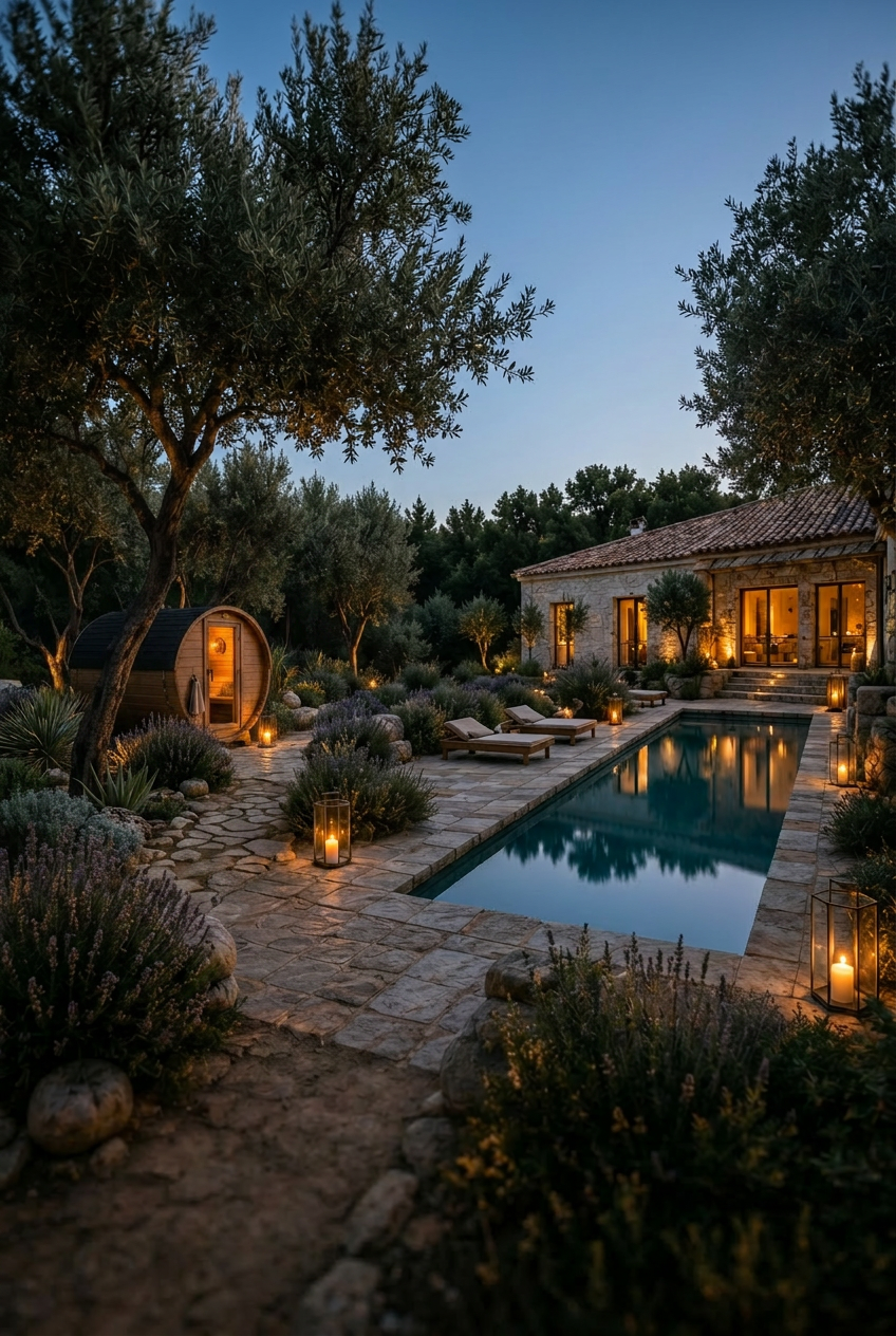 Stone plunge pool surrounded by olive trees at sunset