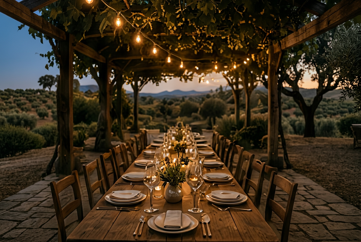 Outdoor dining table under a pergola at dusk