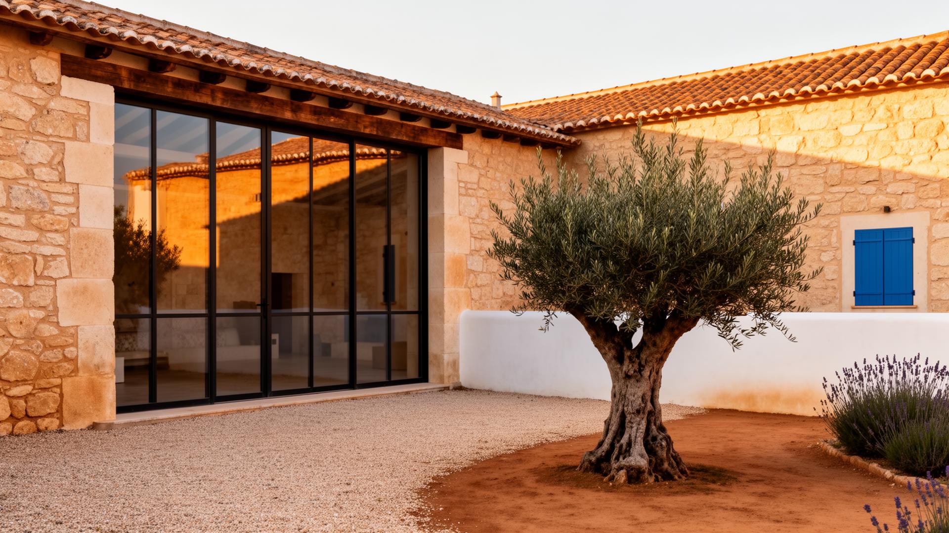 Stone archway opening to a courtyard with a single olive tree